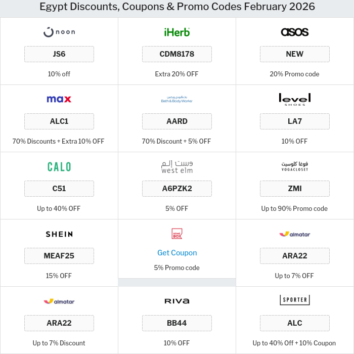 All Coupons and deals for Egypt stores