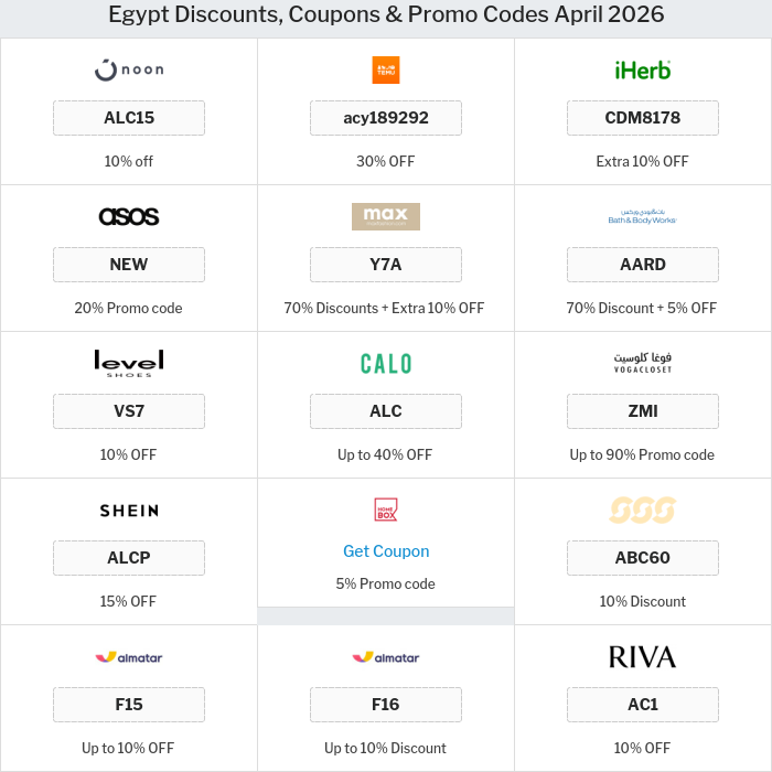 All Coupons and deals for Egypt stores