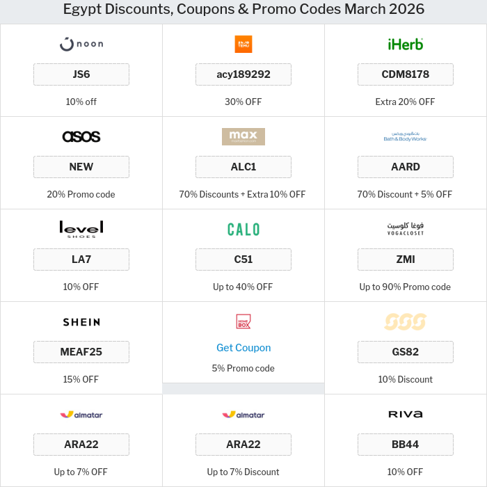 All Coupons and deals for Egypt stores