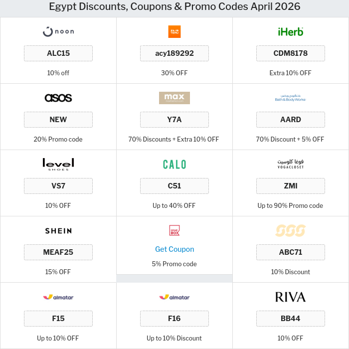 All Coupons and deals for Egypt stores