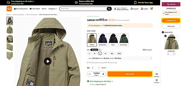 adding items to cart and checkout at the Temu website adding items to cart and checkout at the Temu website