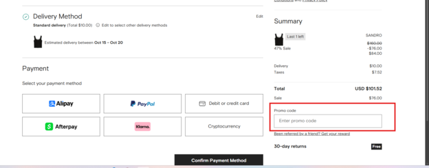 Choosing a Payment Method and Entering the Promo Code on FARFETCH