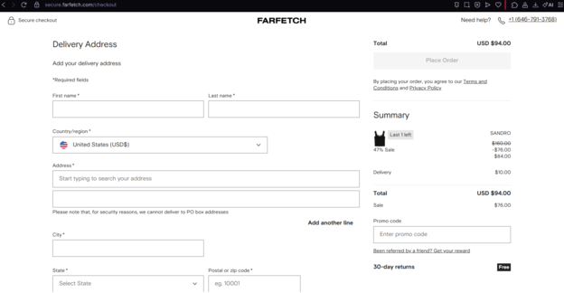 Entering the Shipping Address on FARFETCH
