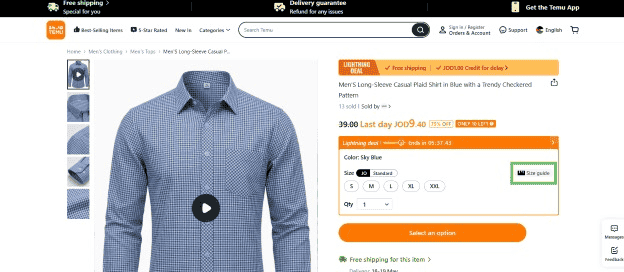 how to access the Temu size chart