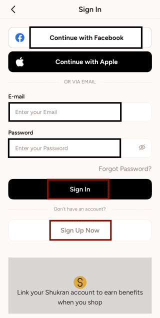 options to sign in or sign up in the Max Fashion app