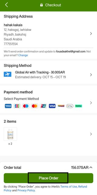 Payment Process and Placing Order at the iHerb App