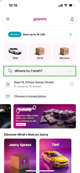 Searching for a Destination on Jeeny App