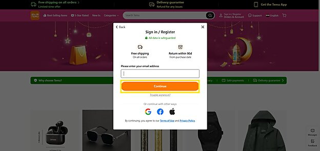 Sign in or Register at the Temu store Sign in or Register at the Temu store