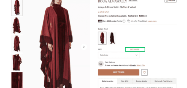Size Guide Button on Product Page at Ounass