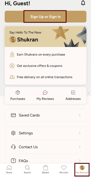 “my account” page in the Max Fashion app