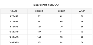 Riva Size Chart for Girls' Shirts