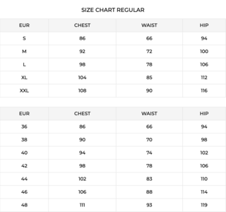 Riva Size Chart for Women's Jackets and Coats