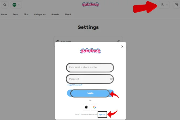 The “Sign In or Sign Up” Process on Dabdoob Website