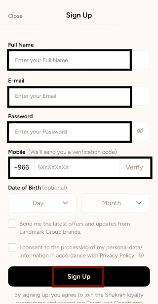 sign up details in the Max Fashion app