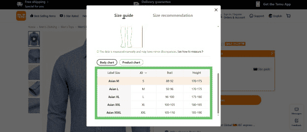 Temu size chart