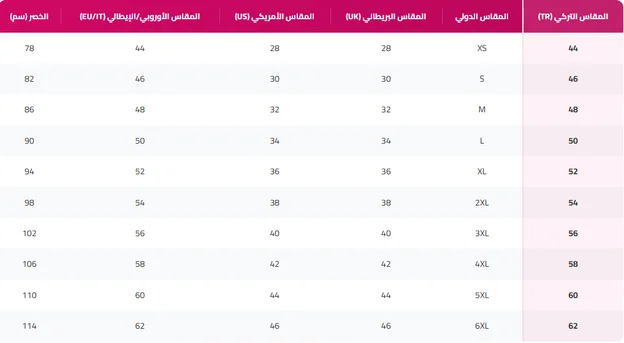 جدول مقاسات ترينديول للبناطيل الرجالية