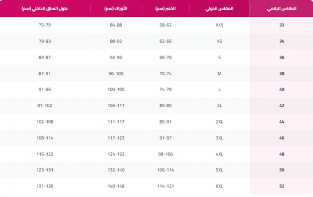جدول مقاسات ترينديول للملابس النسائية السفلية